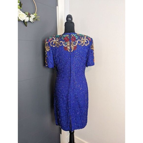 Vintage 80's Scala Royal Cobalt Blue Beaded Silk Cocktail Dress - PL - Picture 4 of 14